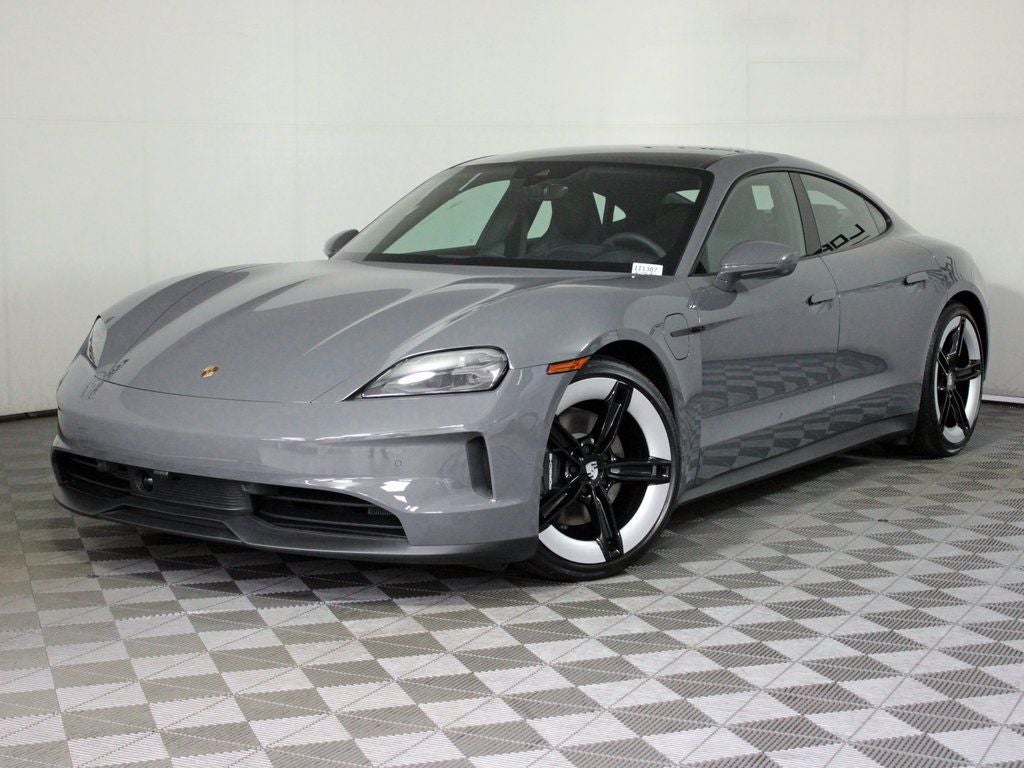 2025 Porsche Taycan 4 in Slate Grey Neo — front three-quarter view